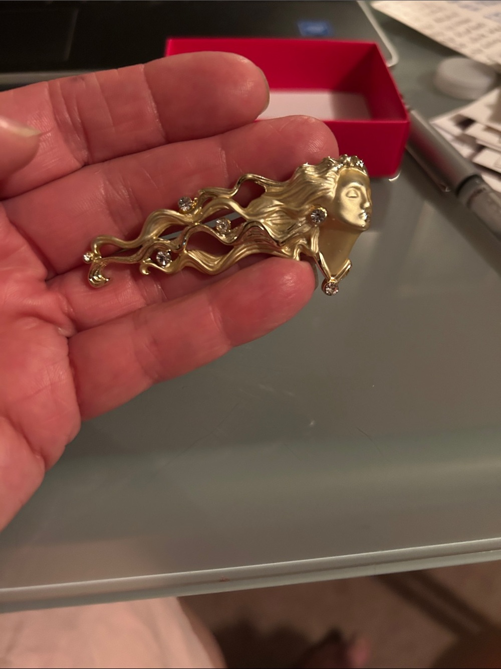 Gold-Tone Mermaid Face broch with Clear Rhinestones